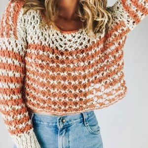 Free People Orange Gray Crochet Cropped Sweater